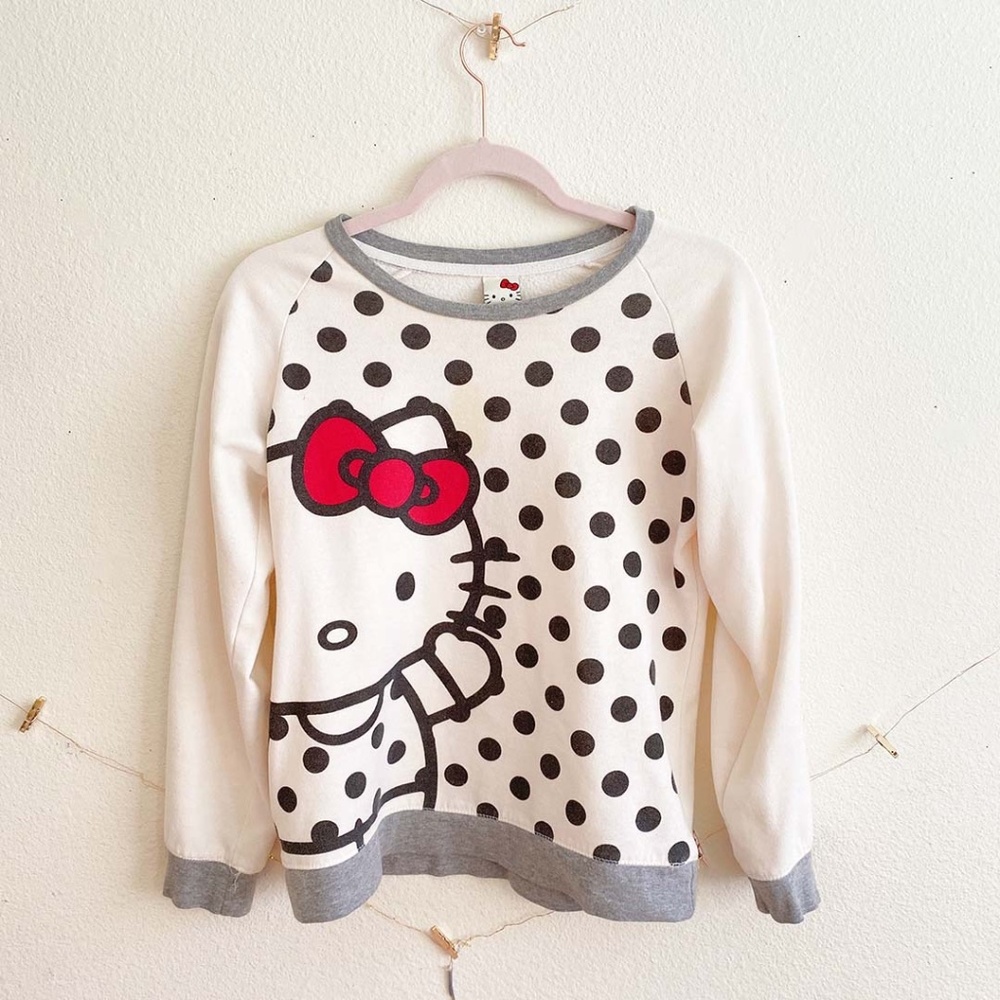 HELLO KITTY POLKA DOTS SANRIO COTTON SWEATSHIRT LIGHTLY LINED SCOOP NE…